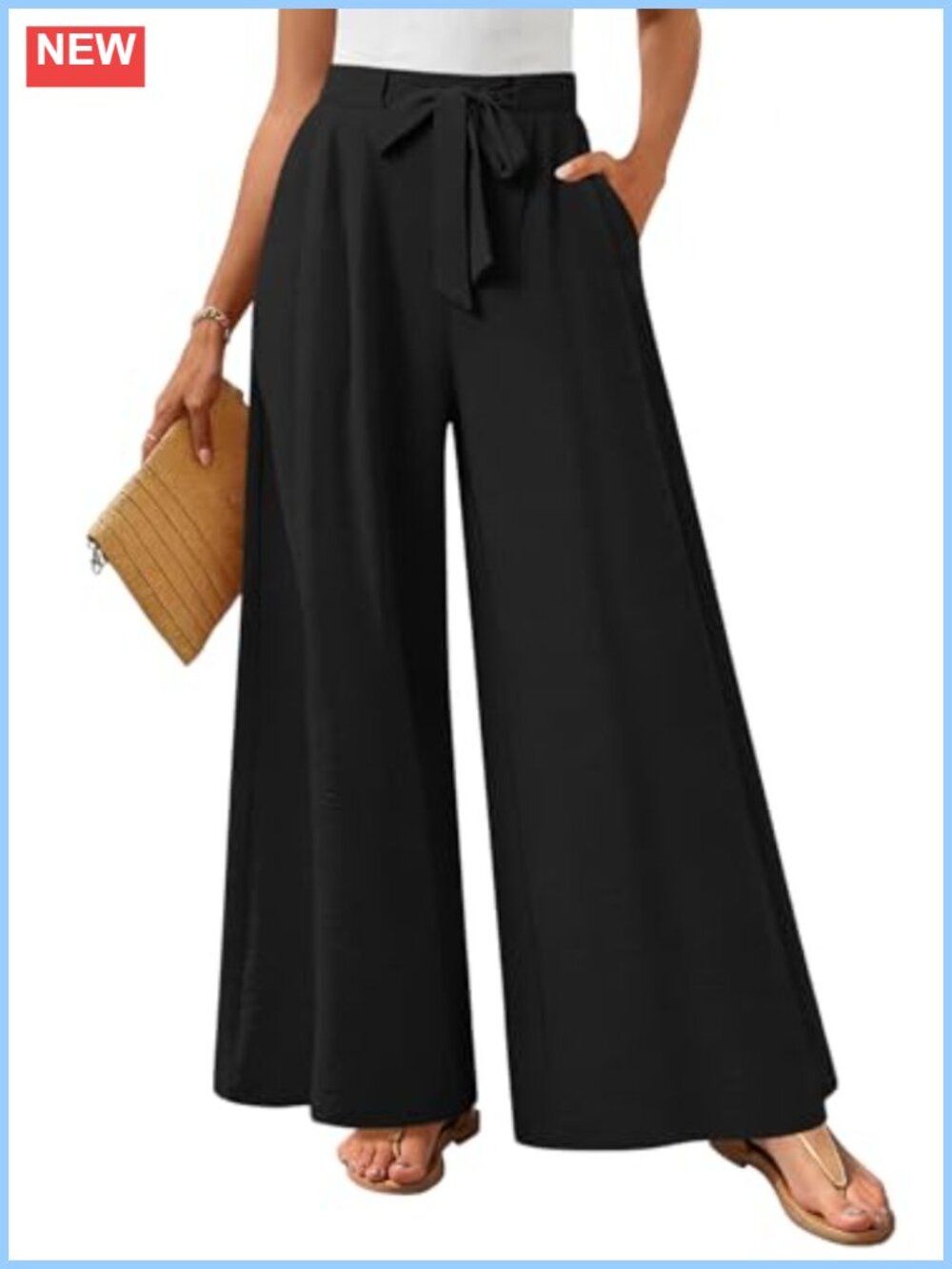 Wide Leg Lounge Pants High Waisted Drawstring Palazzo Trousers Pockets Polyester